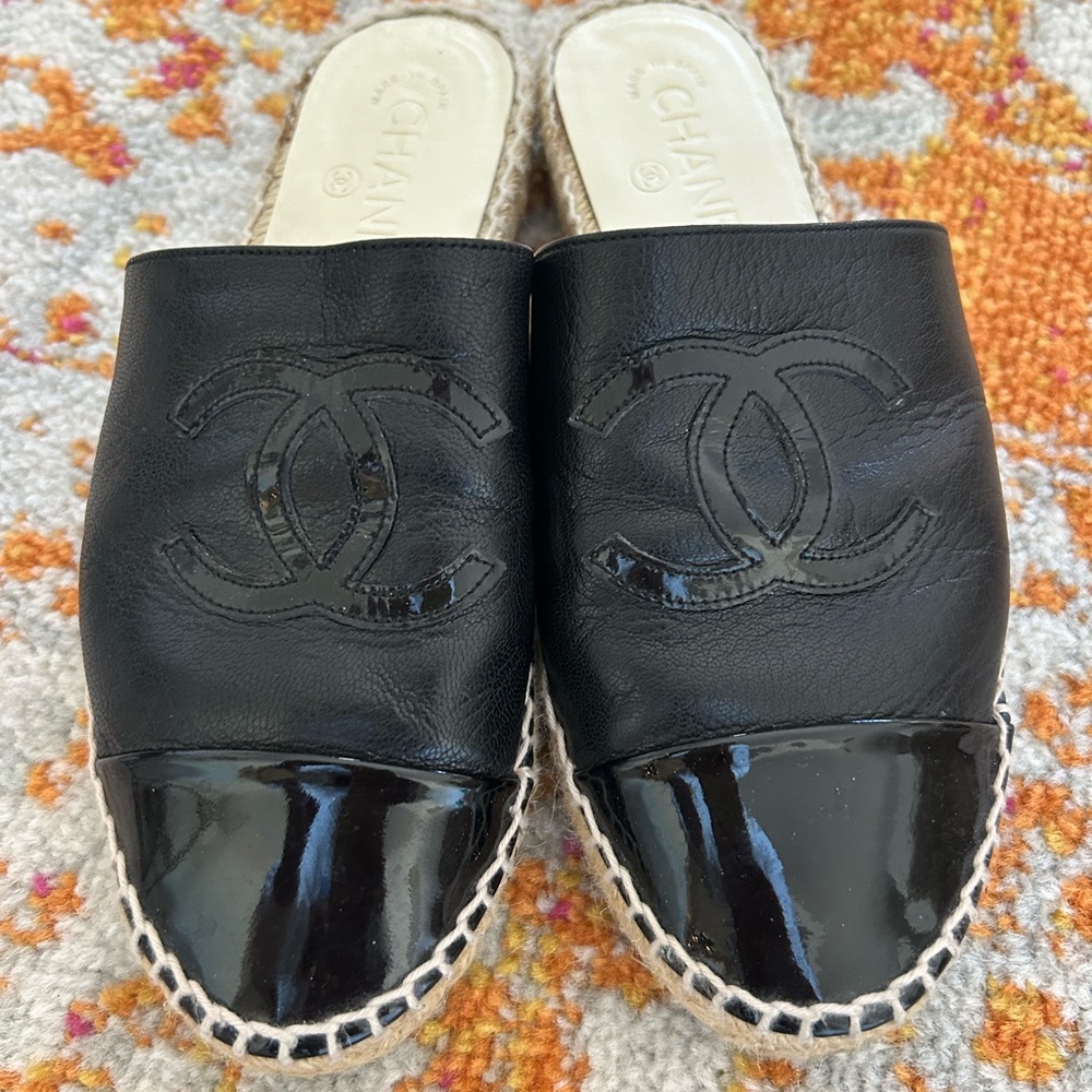 Chanel Black Patent Leather Mules